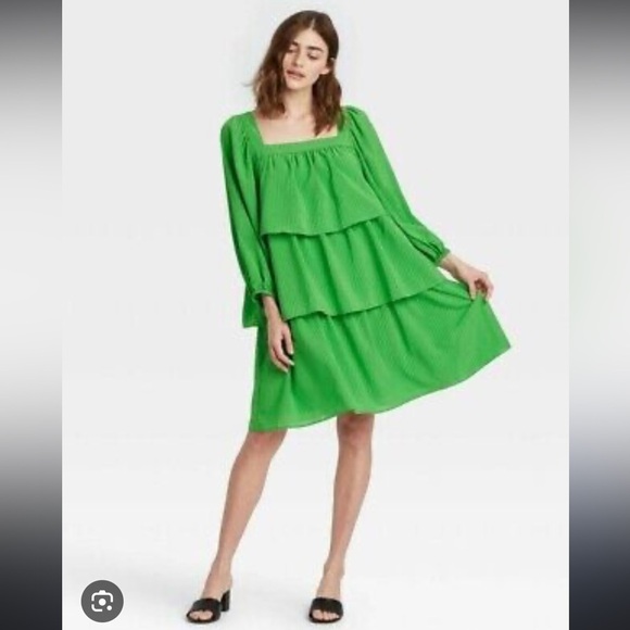 NWT! Square Neck Checkered Tier Layer Bubble Sleeve Dress - Color: Online Lime - Picture 10 of 10